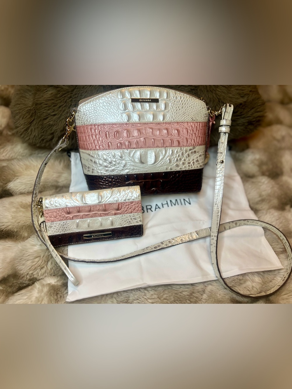 NWOT Brahmin Toasted Macaroon Cassini Mini Duxbury & Wallet Set (Retail $500)